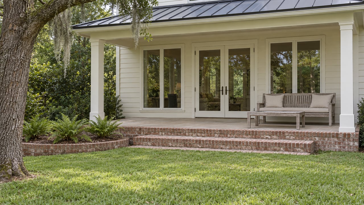 Cream-sided home with a brick-stepped covered porch, glazed French doors, teak seating and a mature live oak beside the lawn.