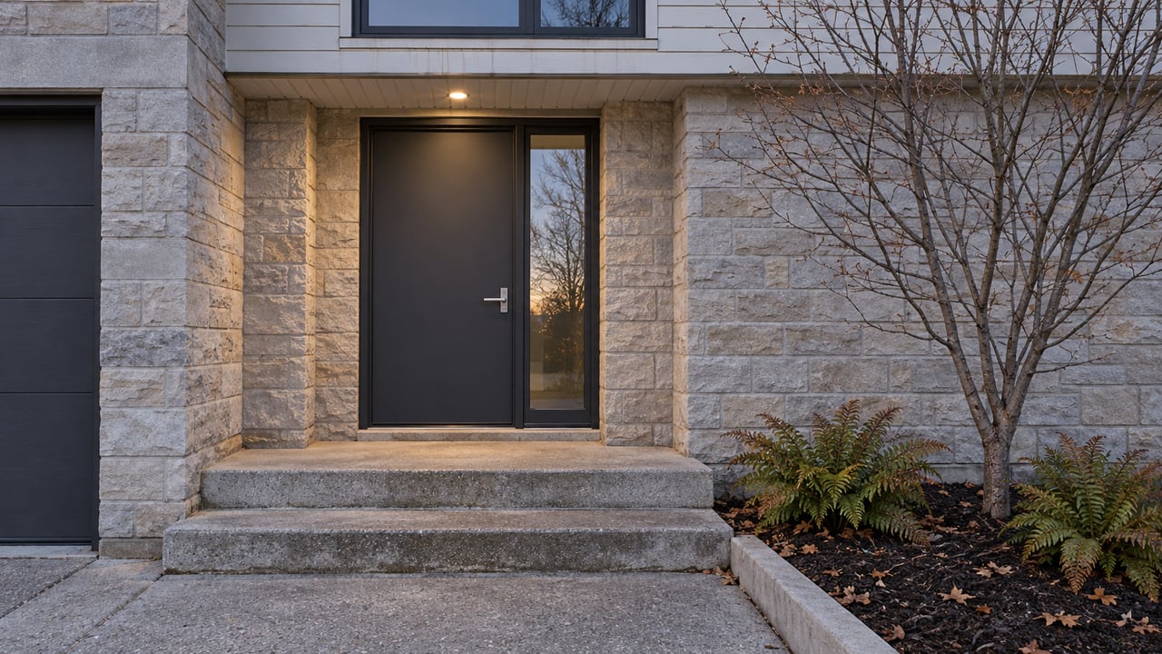 Twilight entrance of a contemporary home with pale stone walls, a charcoal door, concrete steps and a leafless serviceberry tree.