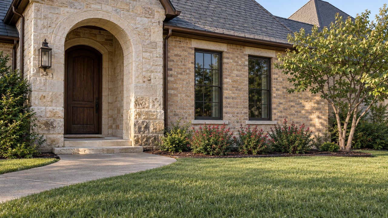 Stone house facade with an arched wooden entry, black-framed windows, and landscaped lawn.