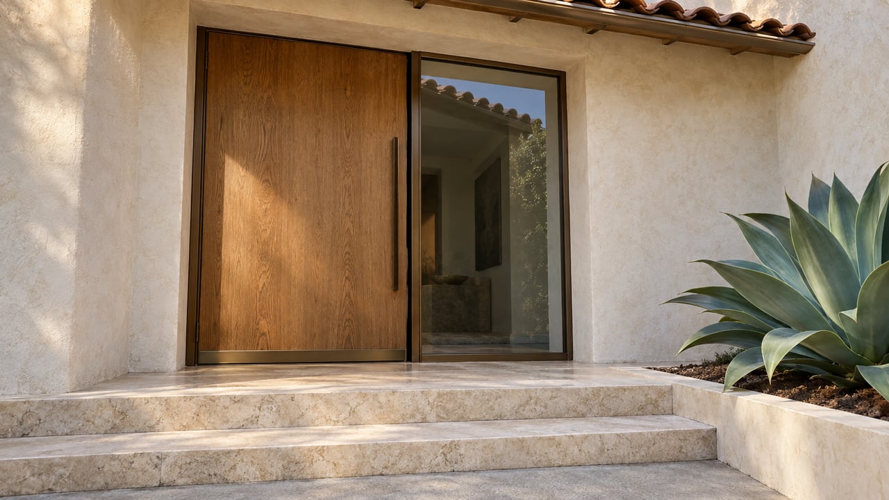 Oak pivot door and bronze-framed sidelight beside limestone steps and a blue-green agave.