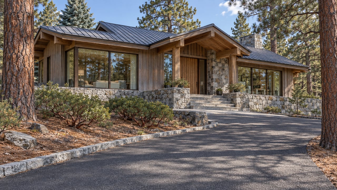 Cedar-clad home with a pitched roof and granite terrace set among mature pines above a broad paved approach.