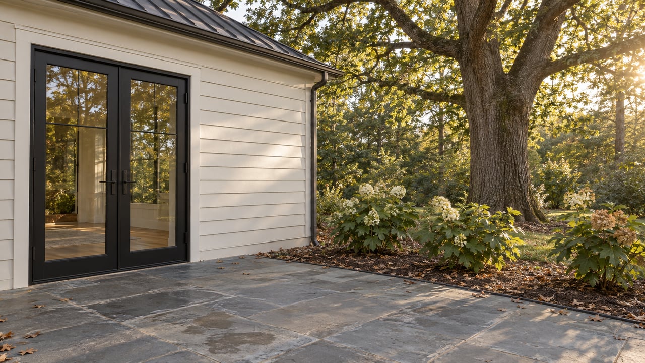 Light-painted house with black-framed glass doors beside a mature oak and bluestone terrace.