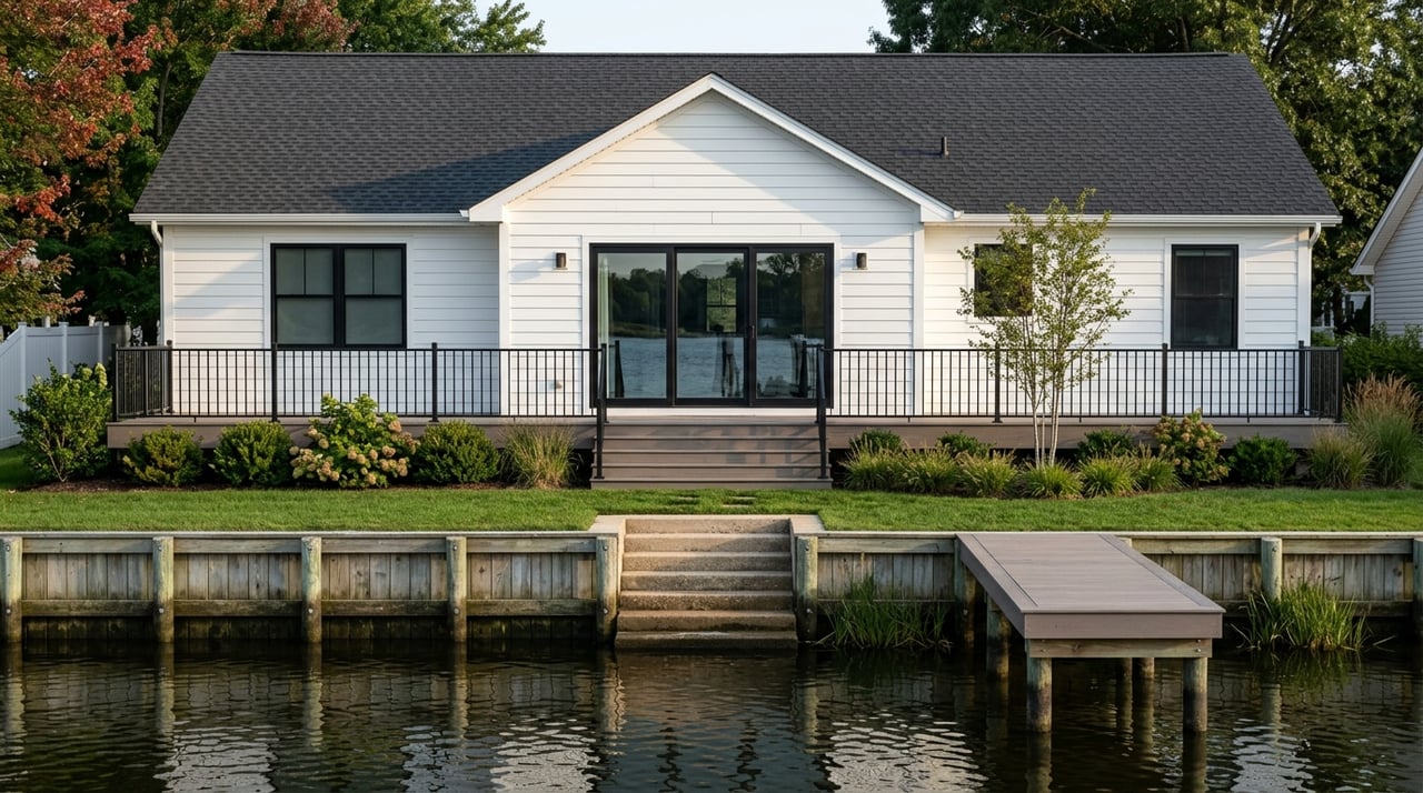 Waterside deck with concrete steps down a timber bulkhead and a short pier over calm water.