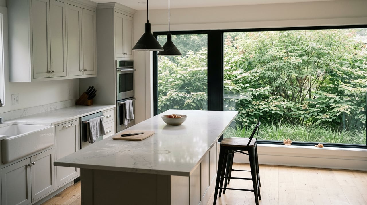 Kitchen island with gray-veined quartz, shaker cabinets, black pendants, and windows overlooking dense greenery.