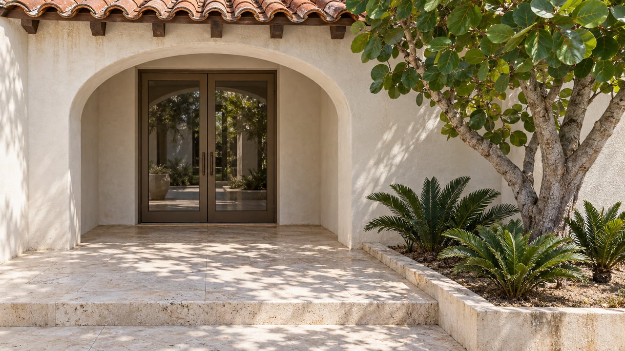 Sunlit white stucco courtyard entrance with terracotta eaves, closed bronze-framed glass doors, limestone steps and a sculptural sea grape tree.