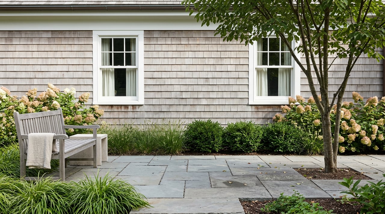 Bluestone patio with a teak bench and limestone table, backed by shingle facade, pinking hydrangeas, and a multi-stem tree.