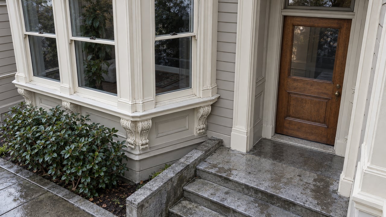 Painted historic bay windows and a closed oak entry door above rain-darkened limestone steps, beside a single camellia.