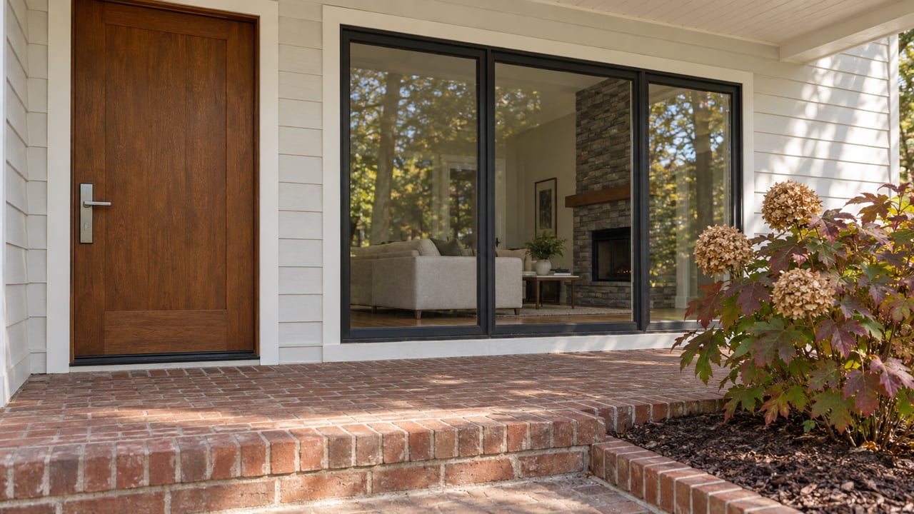A warm wood front door and dark-framed living-room window above a worn brick porch, beside an oakleaf hydrangea.