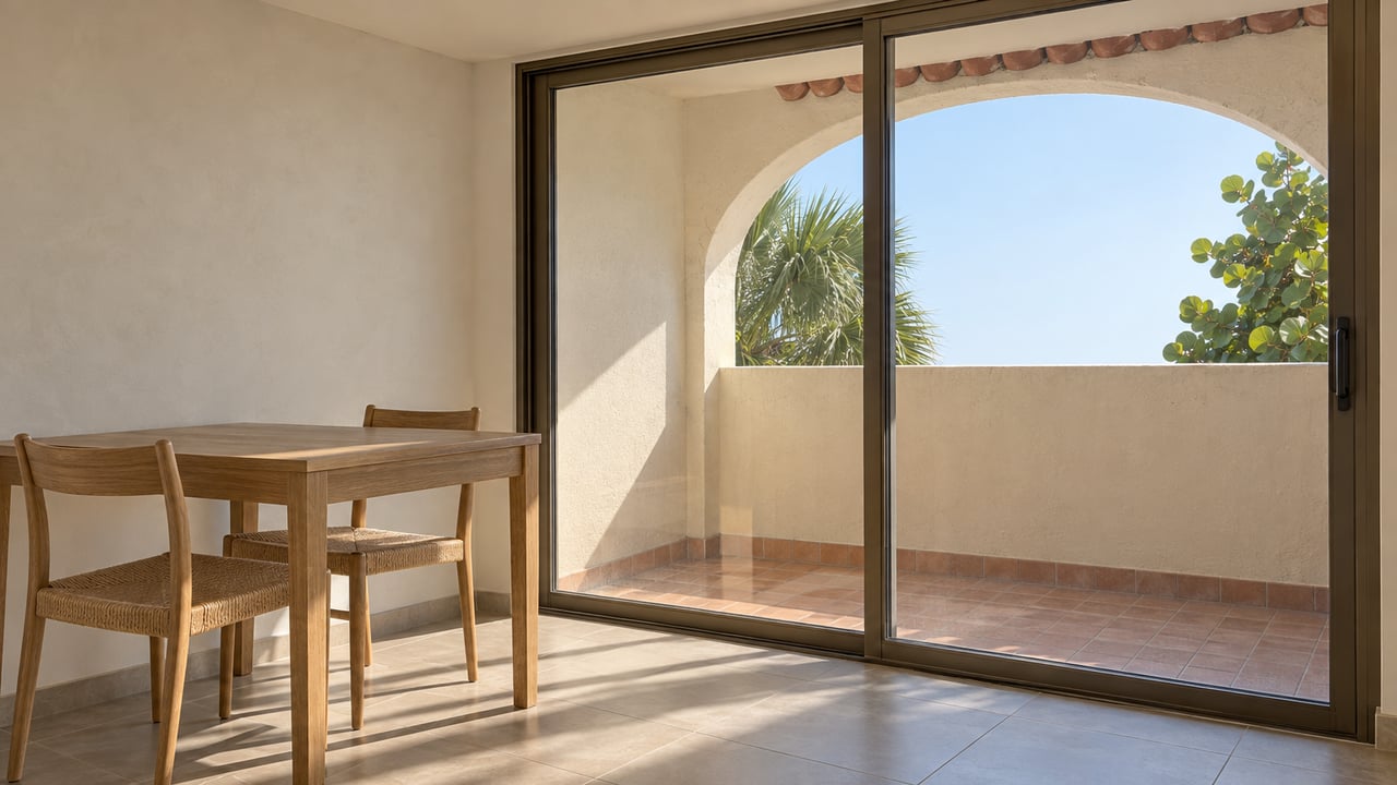 Condo dining area with a pale-oak table and woven chairs beside sliding glass doors opening onto an arched balcony.