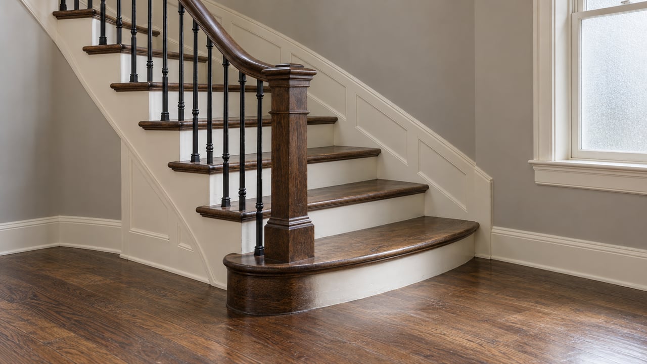 Dark oak staircase with black iron balusters, ivory millwork and warm-gray walls in a sunlit residential entry hall.
