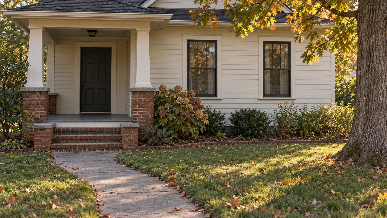 Older cream-sided home with a covered porch, brick-edged steps, and an oak canopy over a curving walk.