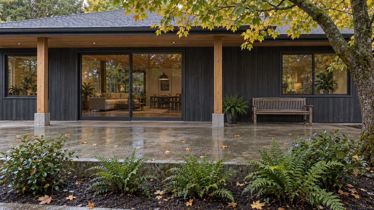 Rain-darkened backyard terrace beside a charcoal cedar home, with broad glass doors, a sheltered wooden bench, ferns and a yellowing maple canopy.