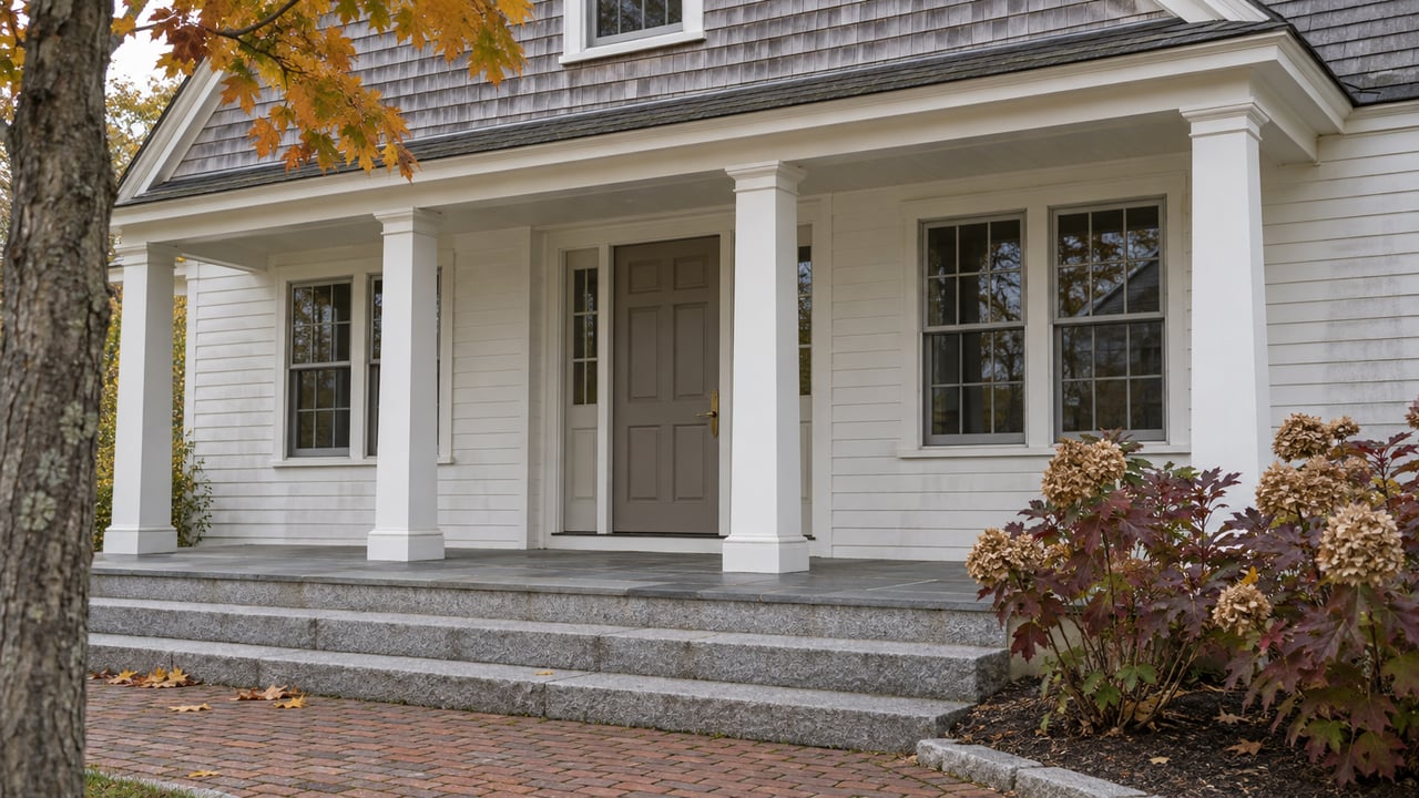 Autumn leaves beside a white clapboard home's covered porch, with a gray front door, bluestone landing and granite steps.
