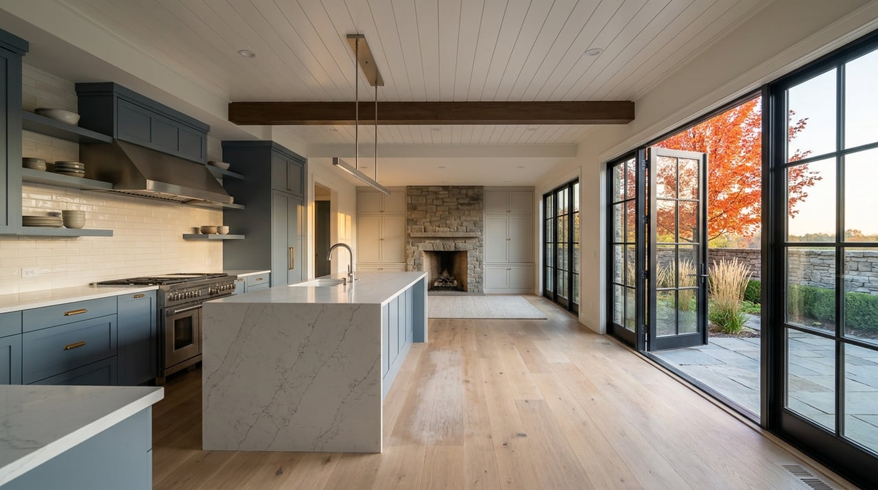 Open kitchen with quartz island, blue-gray cabinets, and French doors framing a red-orange maple.