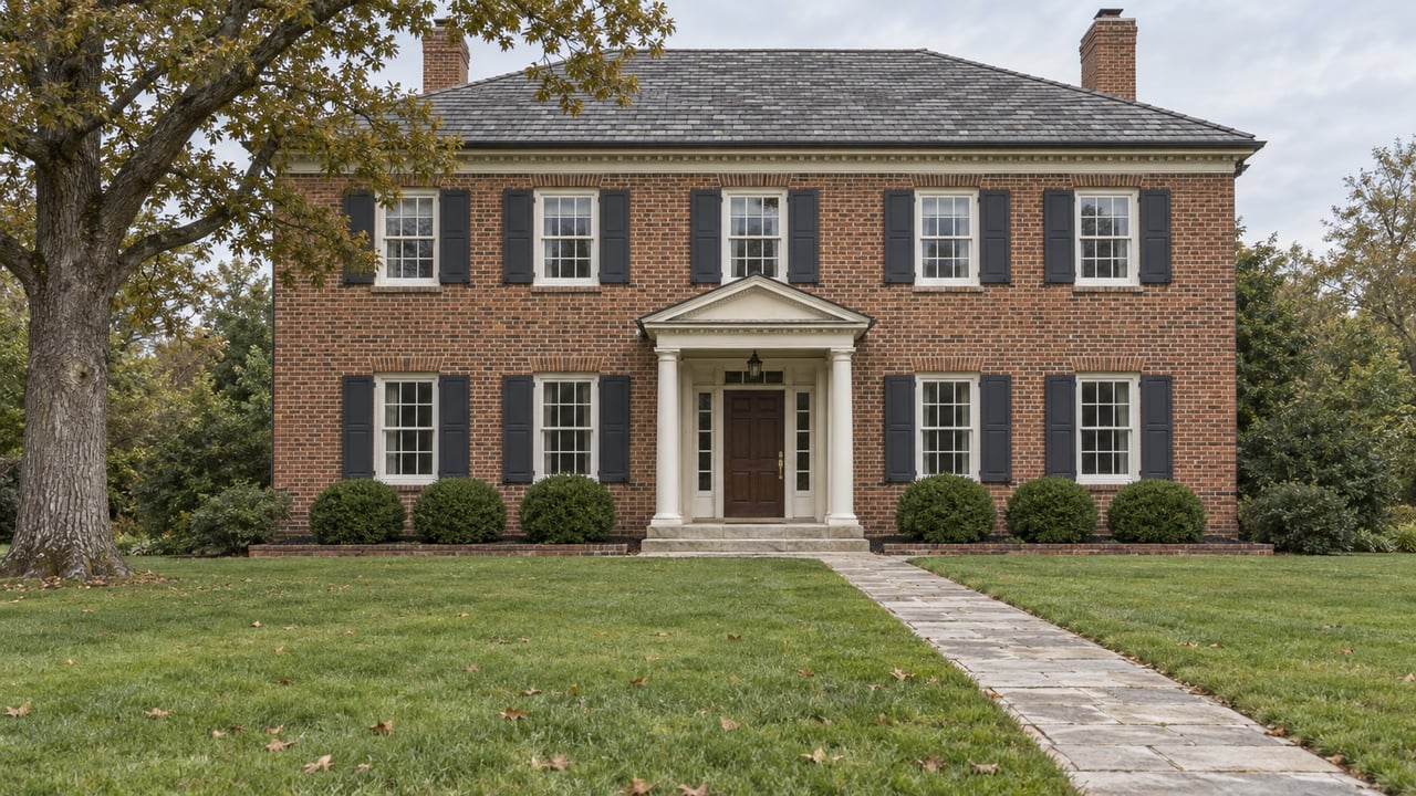 Symmetrical red-brown brick home with an ivory columned entry, slate roof, deep autumn lawn and a mature white oak.