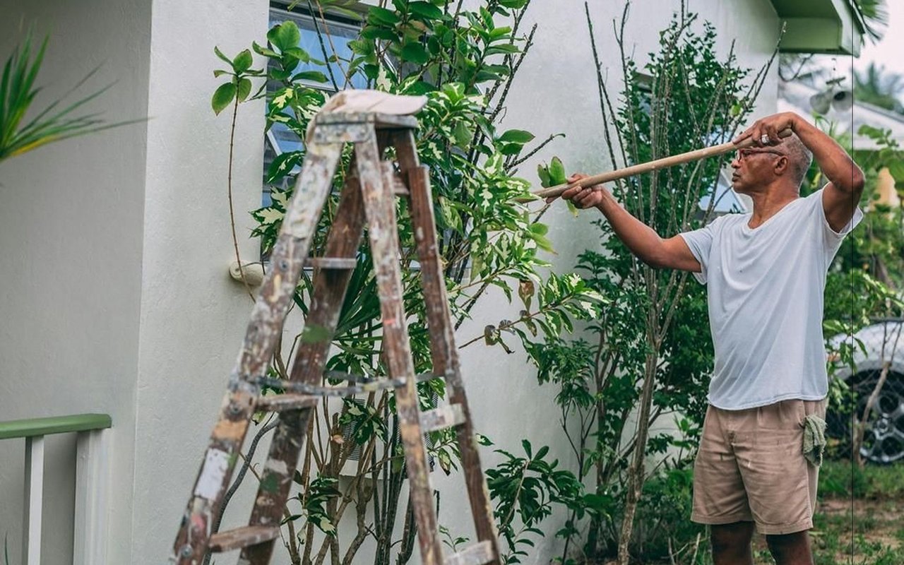 A man trims shrubs beside a house, with a paint-splattered ladder in the foreground.