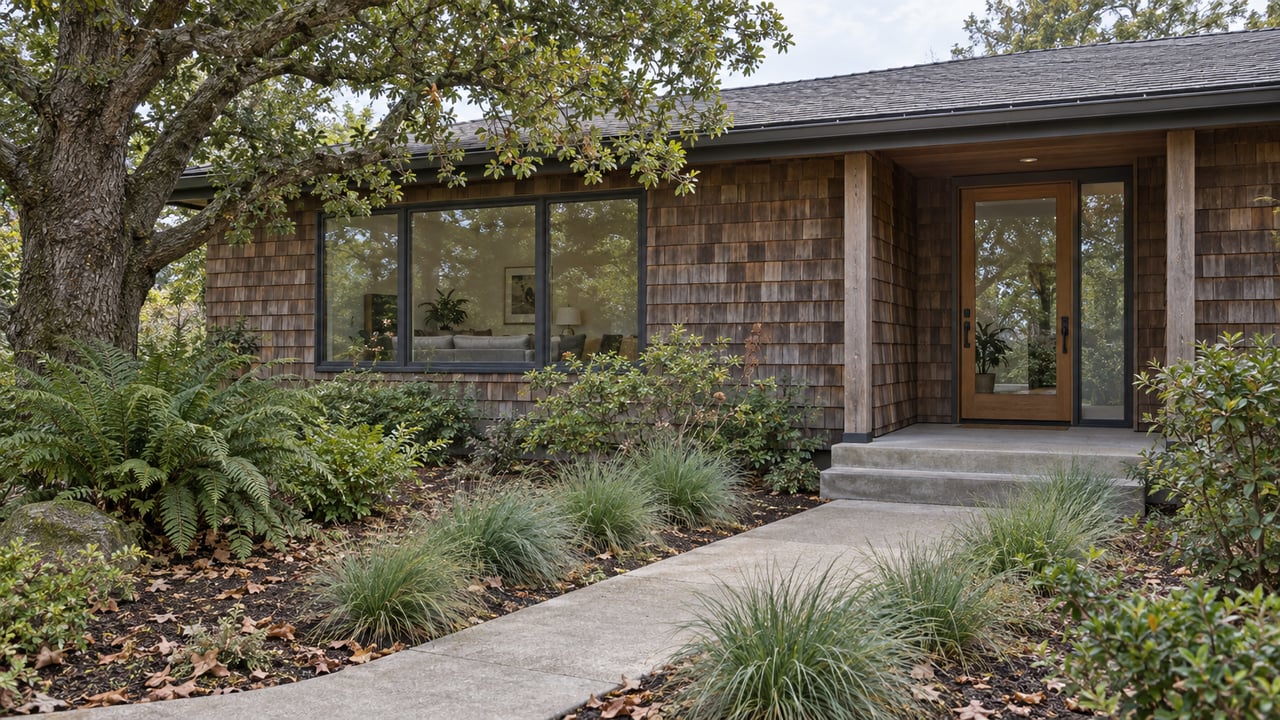 Weathered cedar home with broad windows and a sheltered glazed entrance beyond a concrete path, oak tree, ferns, and native bunchgrasses.