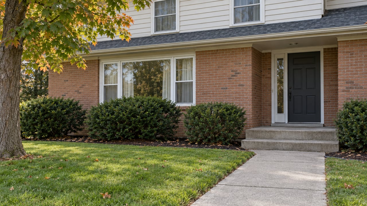 Pale-sided two-story home with warm brick, a recessed charcoal entry, mature maple and a concrete approach beside a green lawn.
