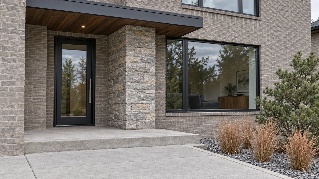 Contemporary home's covered entry with gray brick, sandstone pier, black-framed glass and autumn grasses beside a concrete approach.