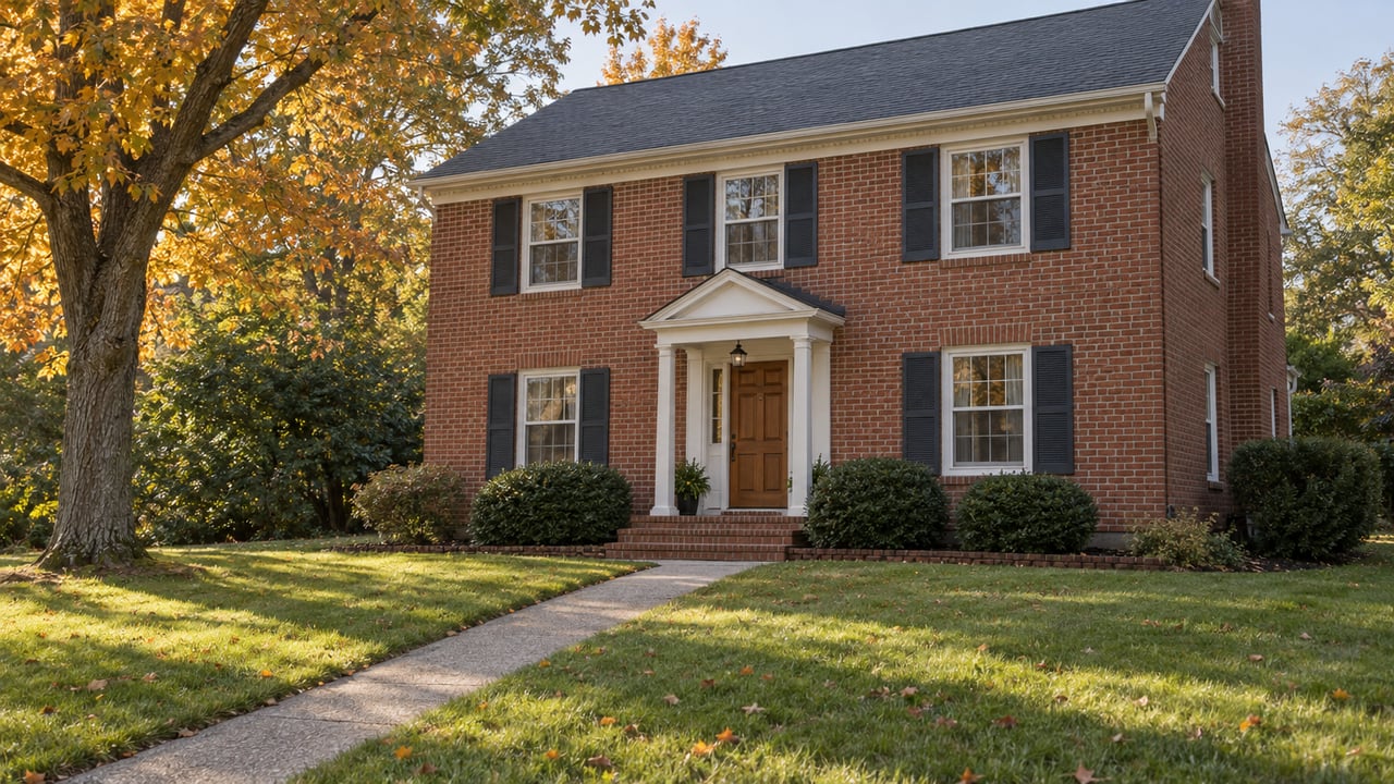 A red brick two-story home with white-trimmed windows, an oak front door and a deep lawn beneath an autumn maple.