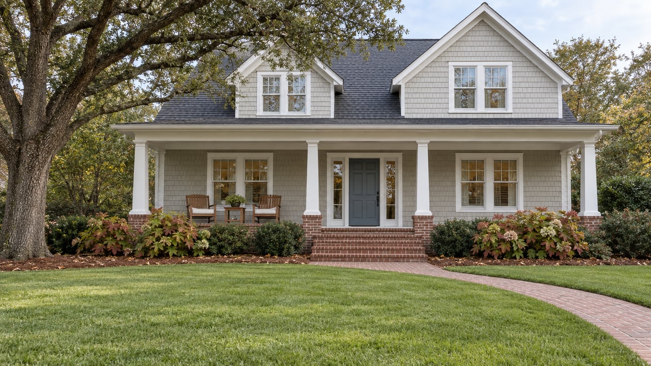 Oyster-gray shingled home with white porch columns, a brick approach and a deep lawn beneath a spreading live oak.