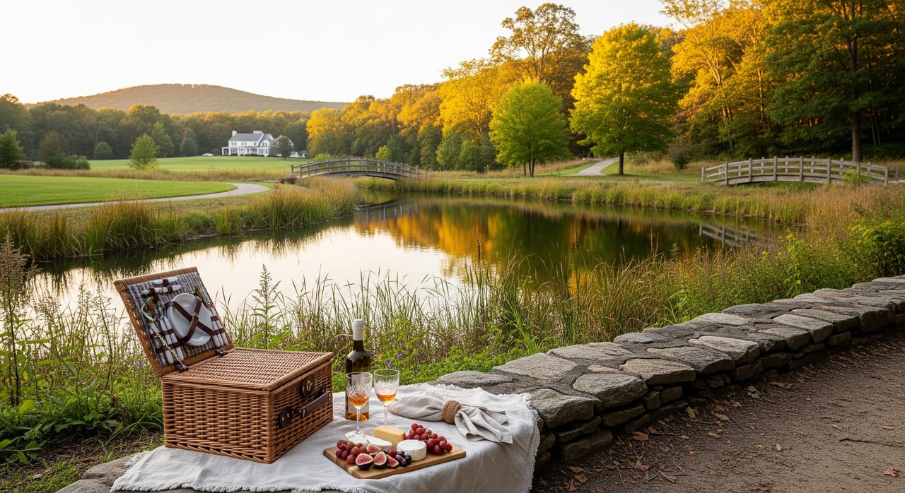 Picnic spread beside a reed-fringed pond, with a wicker basket, wine, fruit, and autumn trees reflected in the water.
