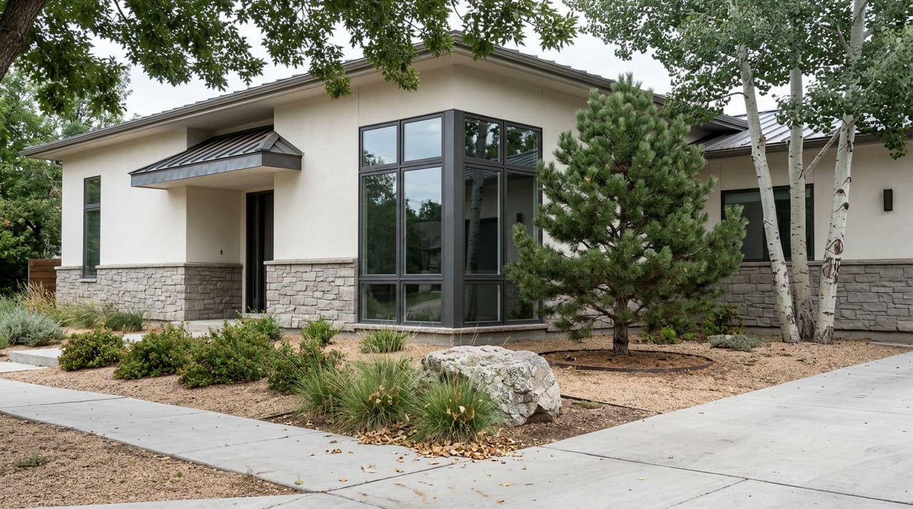 Contemporary stucco and stone home with corner windows, pinyon pine, aspens, and a xeriscaped yard.