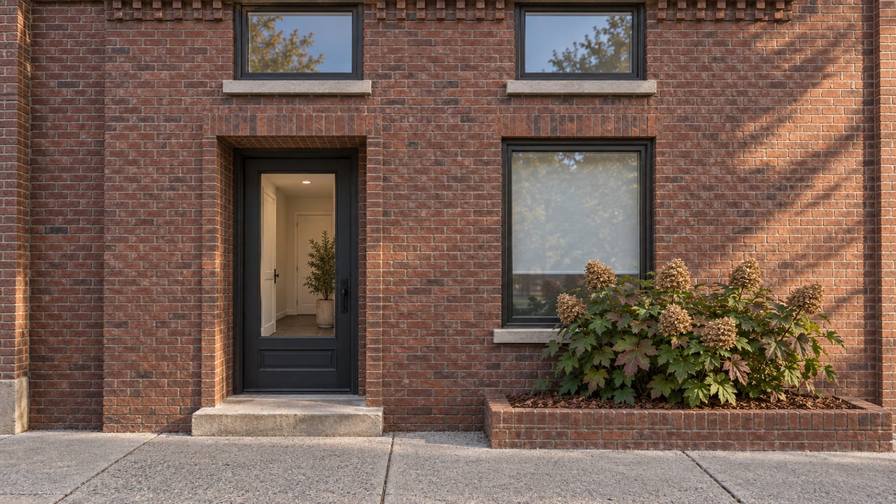 Red-brown brick condominium entrance with bronze-framed windows, a worn limestone step and an oakleaf hydrangea in a brick-edged planting bed.