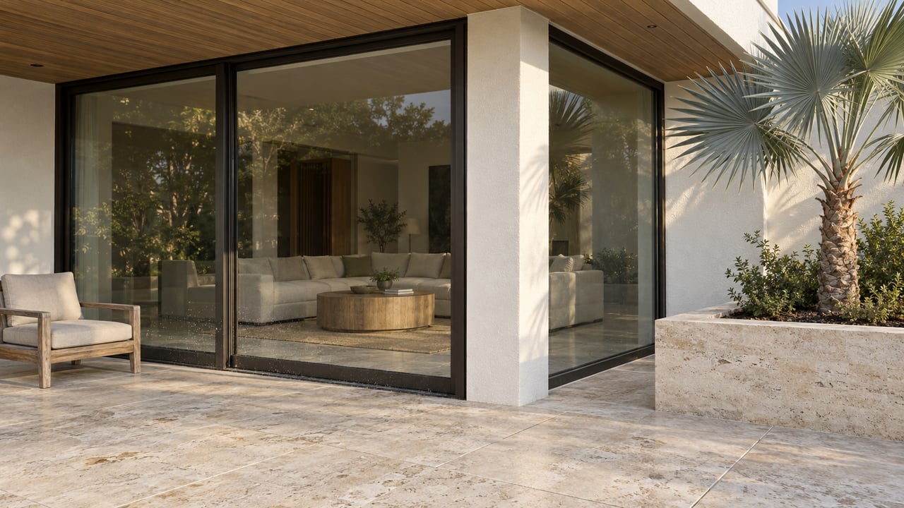 Warm-white home with bronze-framed glass doors, a shaded timber soffit, ivory stone terrace, teak chair and silver thatch palm in a raised stone planter.