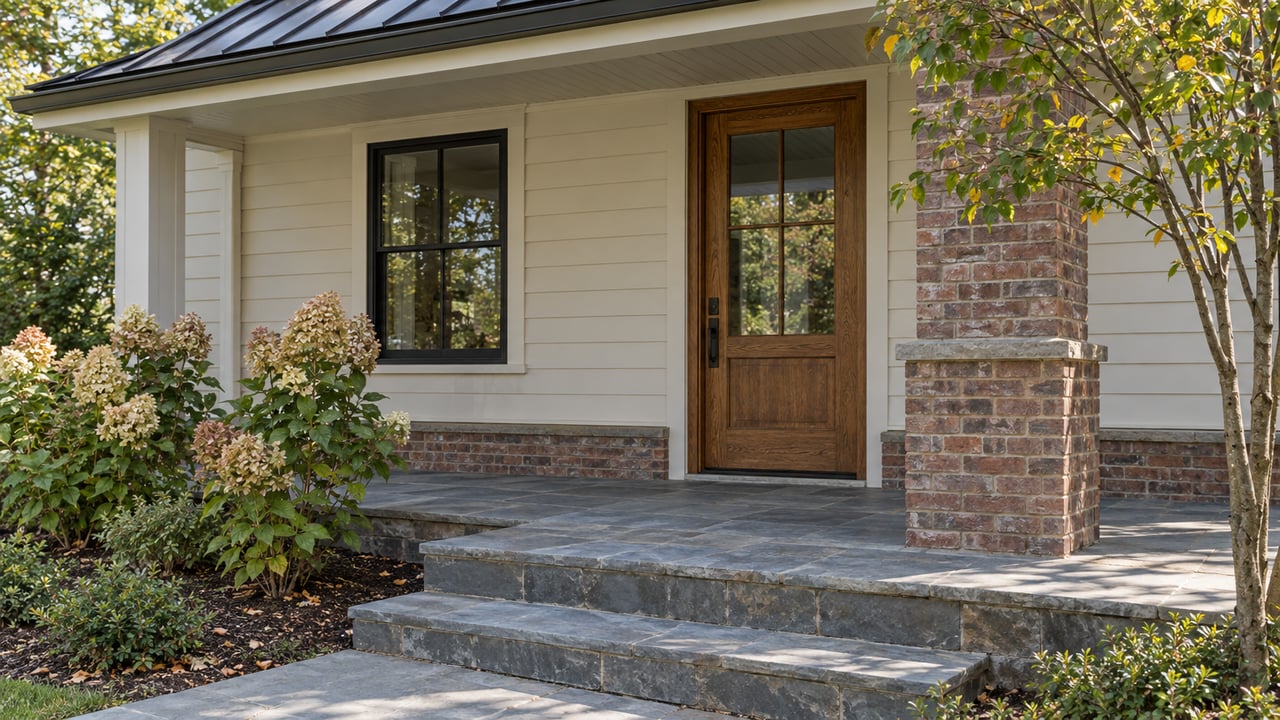 Cream-sided home entrance with glazed oak door, brick porch column, bluestone steps, and autumn hydrangeas.