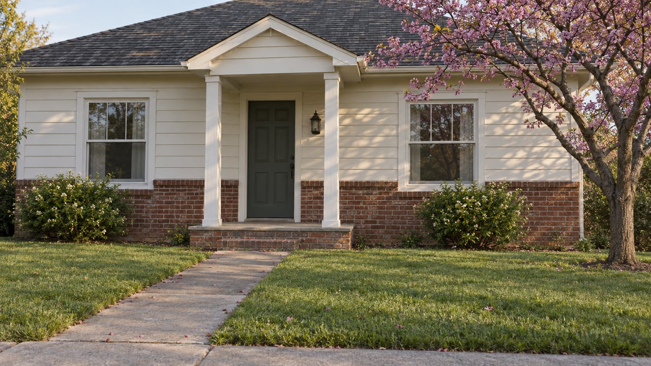 Modest cream clapboard and brick house with a white-post porch, concrete walk, and broad front lawn.