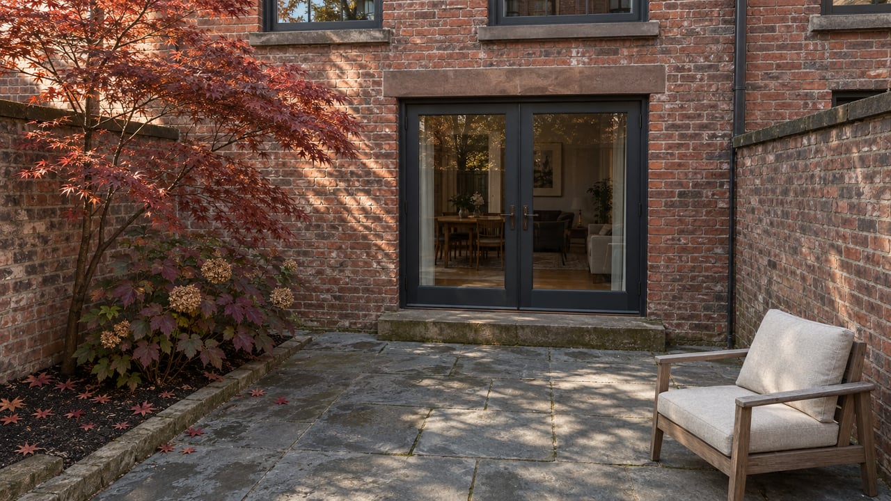 A compact stone-paved townhouse terrace with red brick walls, closed glazed doors, a teak chair and copper-red Japanese maple leaves.
