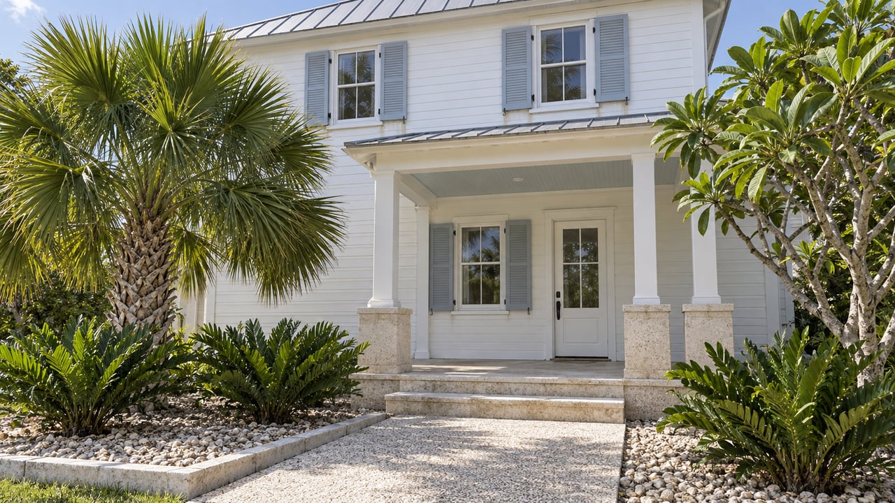 White two-story cottage with a metal roof, pale blue-gray shutters and a limestone porch behind a carefully planted tropical front garden.