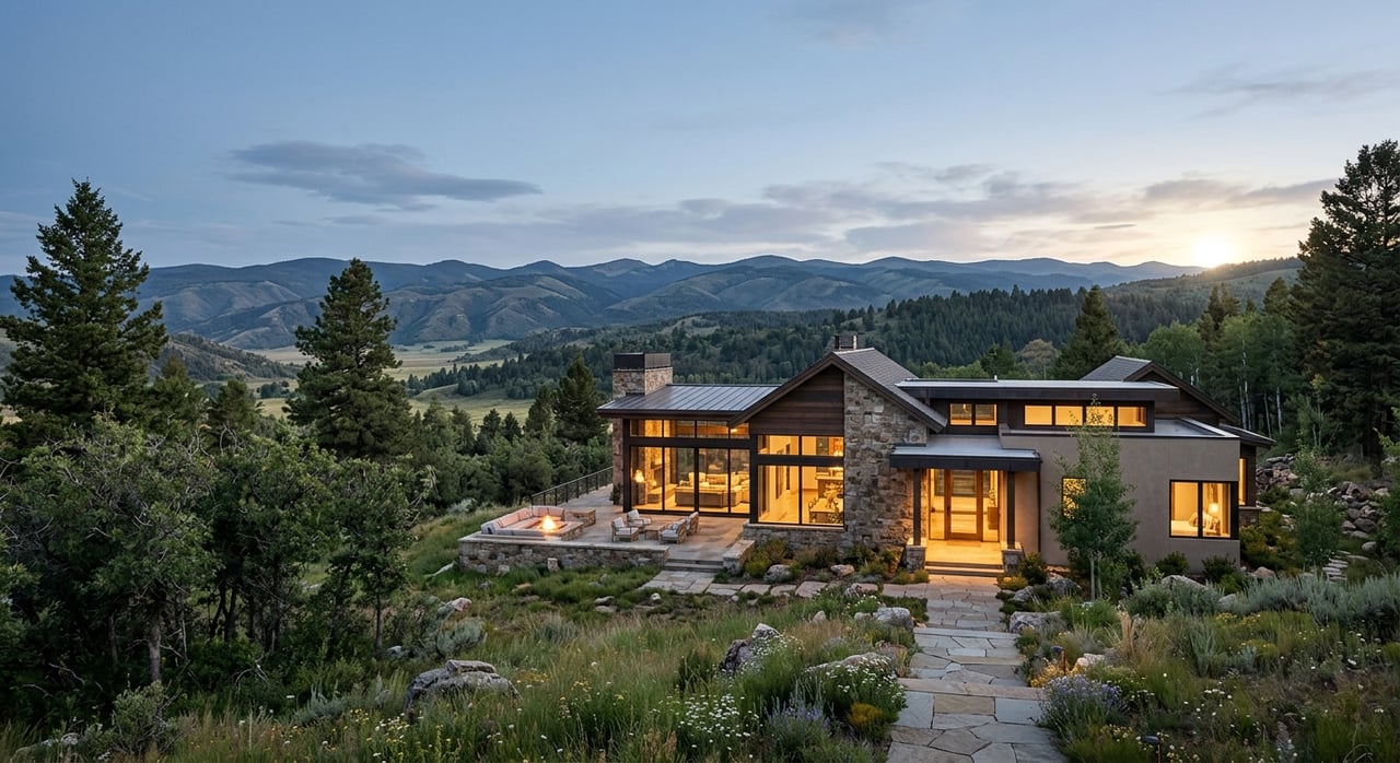 Warm-white home with covered porch and charcoal-shingled gable, beyond gravel drive and lawn.