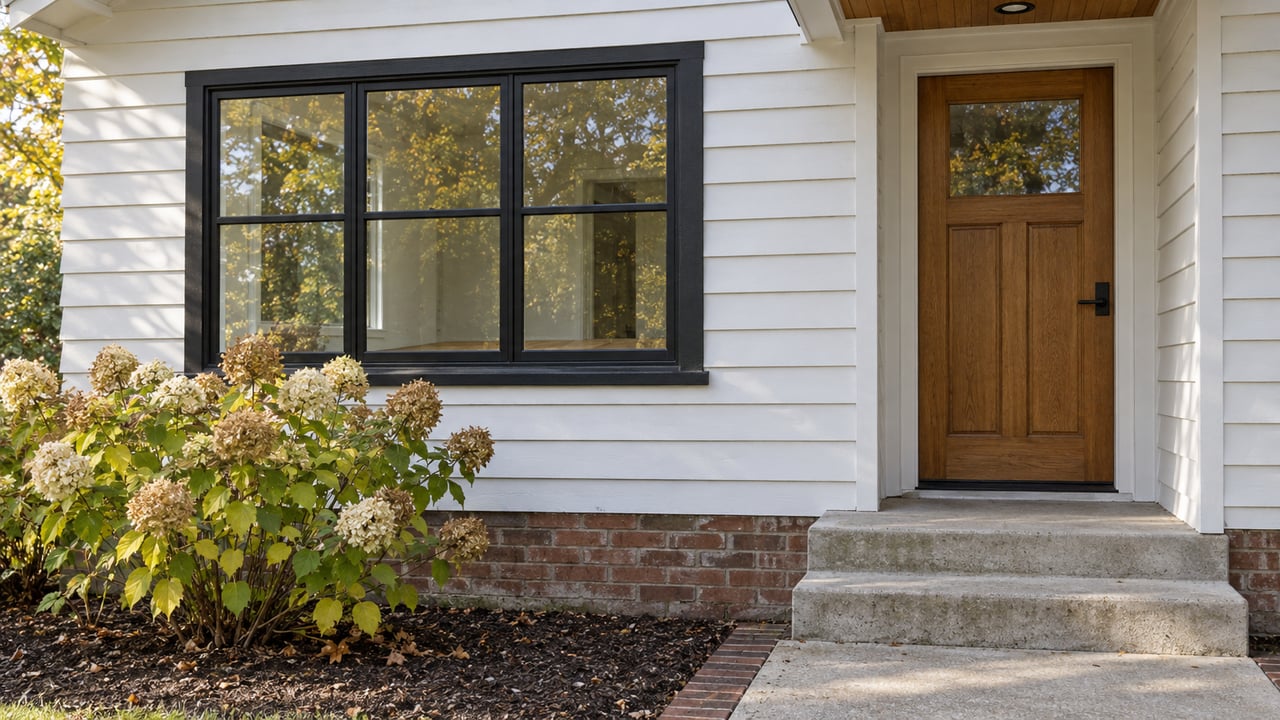 Close view of white wood siding, a black-framed window and an oak entry door above weathered brick and concrete steps, beside an autumn hydrangea.