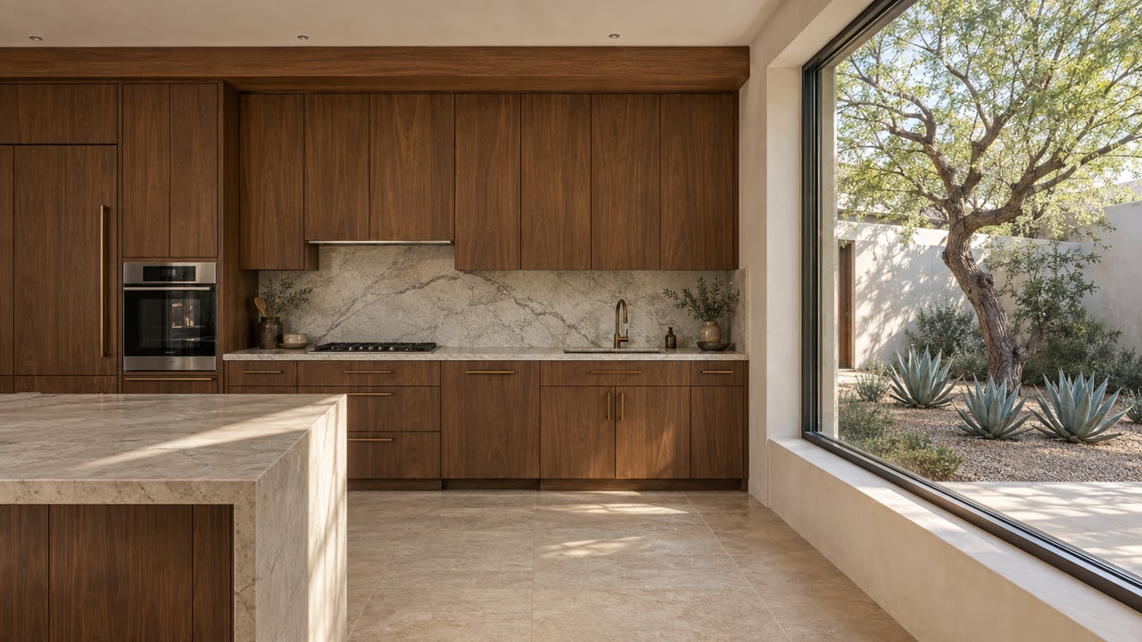 Walnut kitchen cabinets and a veined quartzite backsplash beside a courtyard window overlooking a mesquite and agaves.