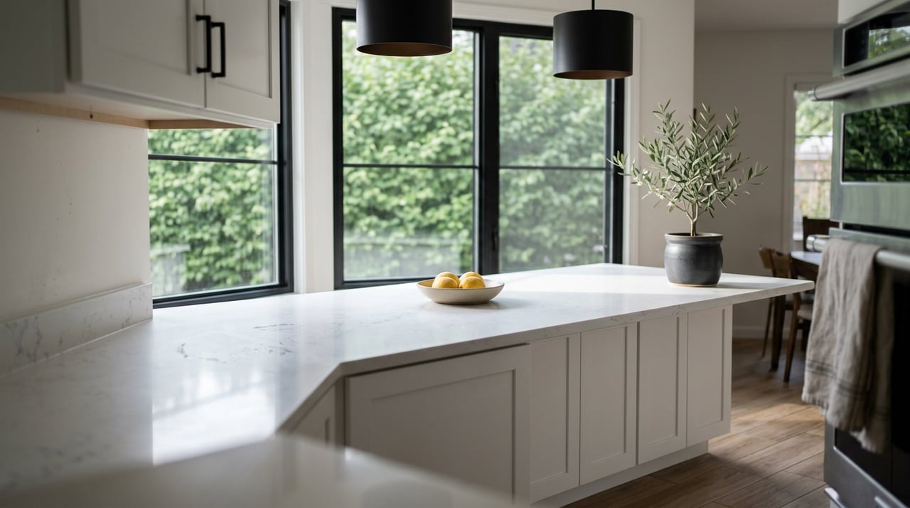 White quartz kitchen island with gray veining, a bowl of lemons, and a potted olive tree beside black-framed windows.