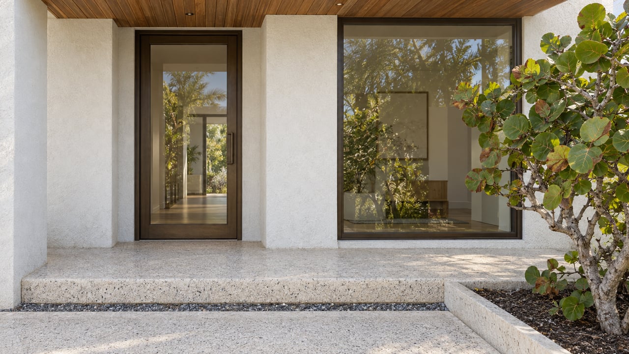 White stucco coastal home entry with bronze-framed glazing, a cypress soffit, shell-aggregate steps and one sea grape specimen.
