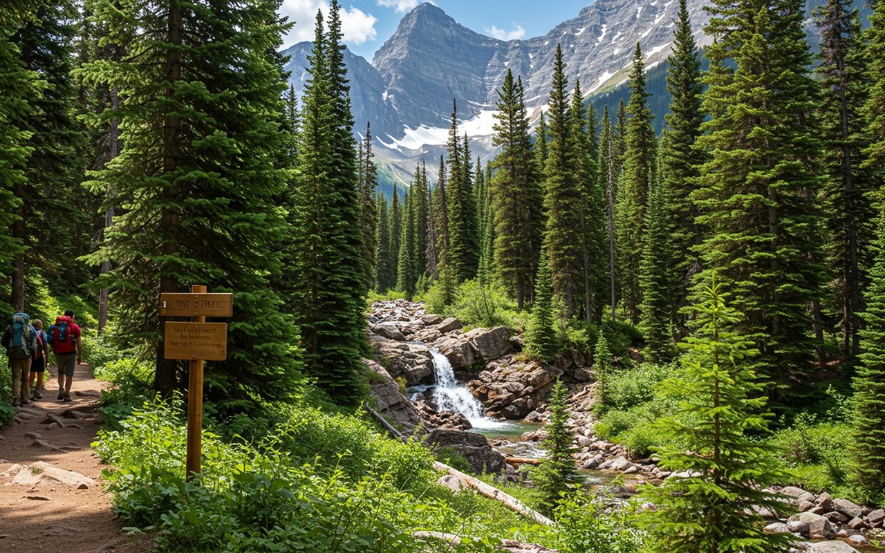Hikers on a forest trail beside a rocky waterfall, with evergreen trees and snow-streaked mountains beyond.