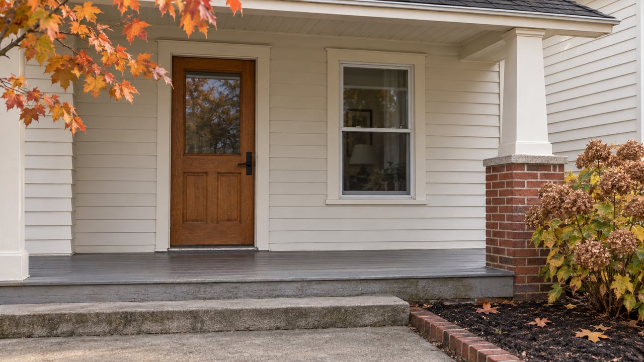 White clapboard home with a sheltered oak entry door, gray porch floor, concrete steps and autumn hydrangea beside a brick porch pier.