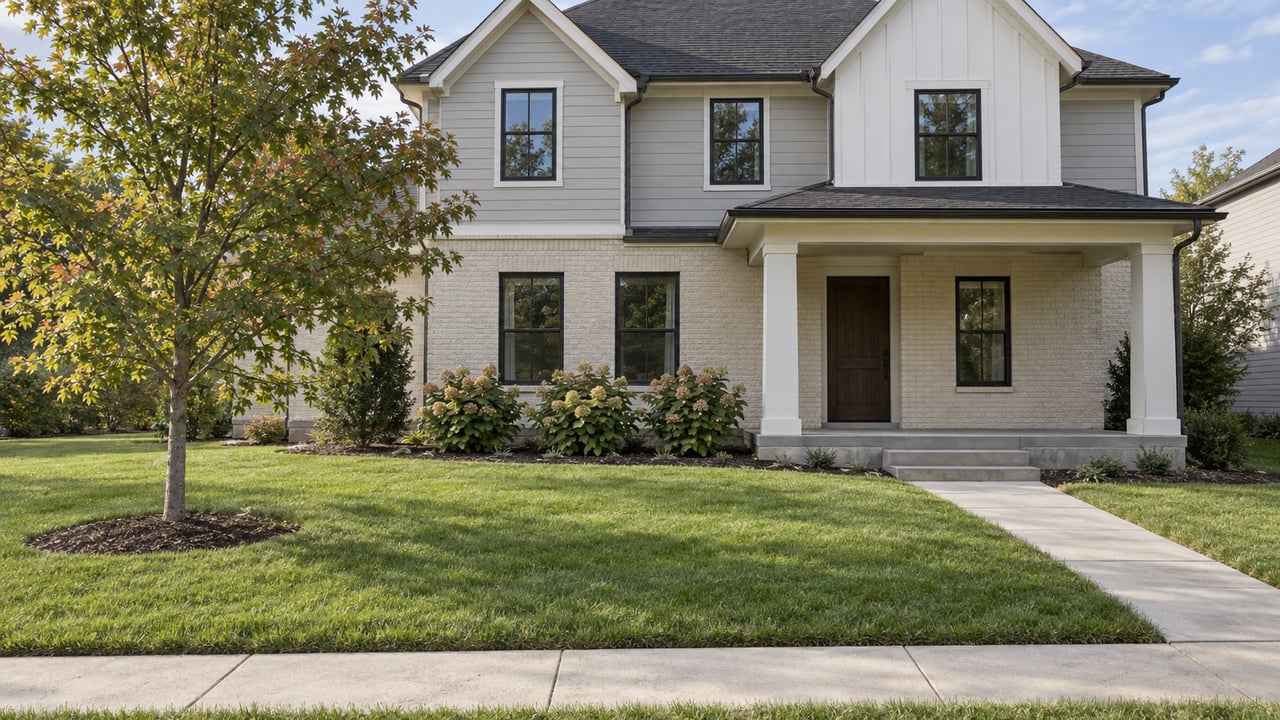 A light brick and pale gray sided home with a covered porch, broad front lawn and concrete sidewalk beneath a young oak.