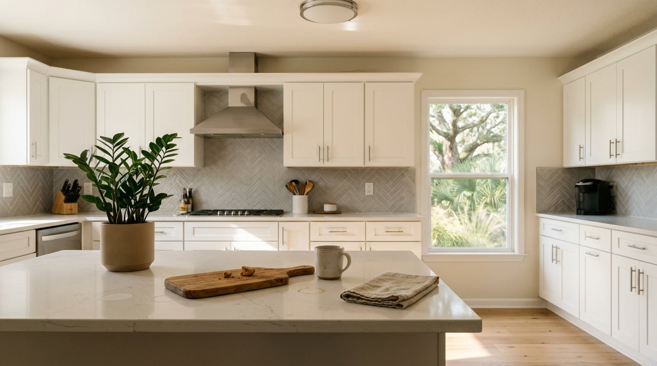 Kitchen with quartz island, white shaker cabinets, stainless hood, gray herringbone backsplash, and potted plant.