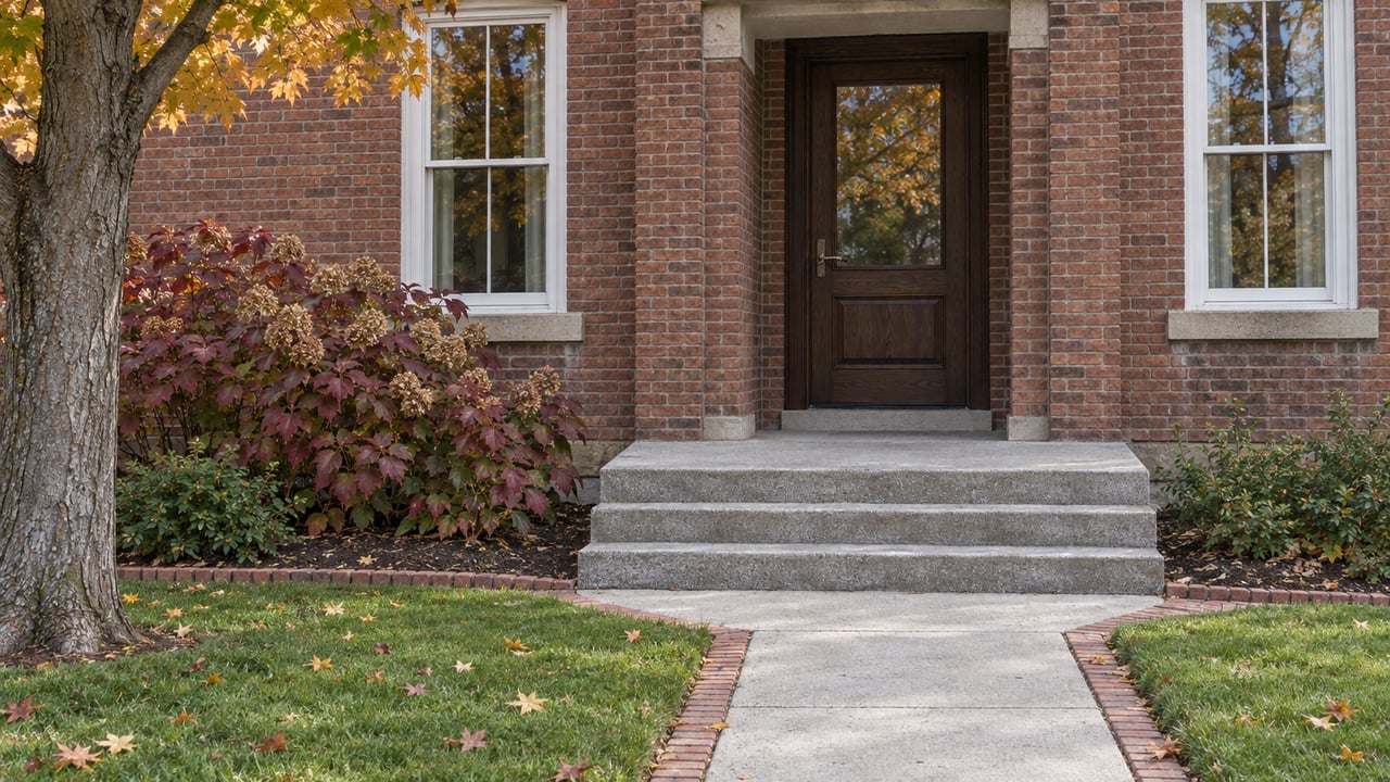 Traditional red-brown brick home with tall sash windows, a recessed oak front door, gray concrete steps and autumn maple leaves.