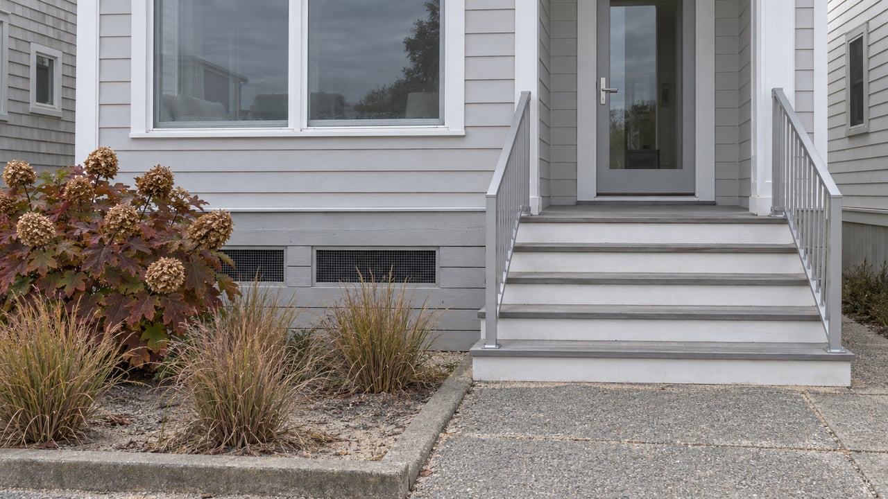 Pale gray elevated home entry with composite steps, paired metal railings and autumn planting beside a concrete approach.