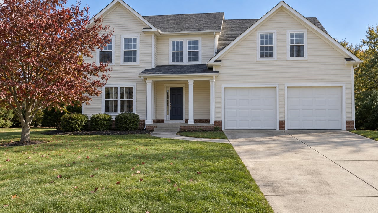 Cream-sided two-story home with white trim, an attached garage, a deep green lawn, and a dogwood with burgundy autumn leaves.