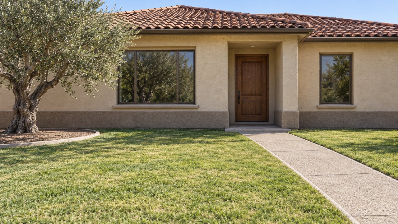Single-story sand-colored stucco home with a clay-tile roof, bronze-framed windows, an oak entry door, and an olive tree beside a broad lawn.
