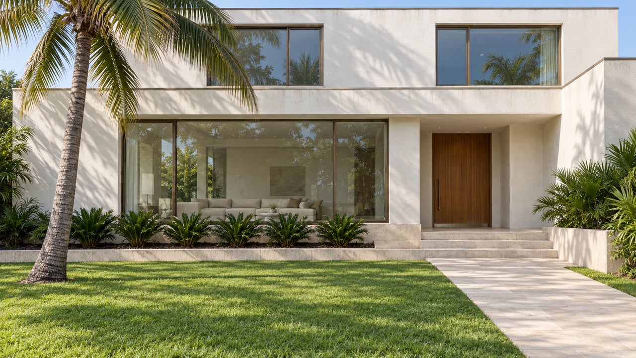 White stucco home with bronze-framed glazing, raised limestone entrance, deep lawn and one curved coconut palm.