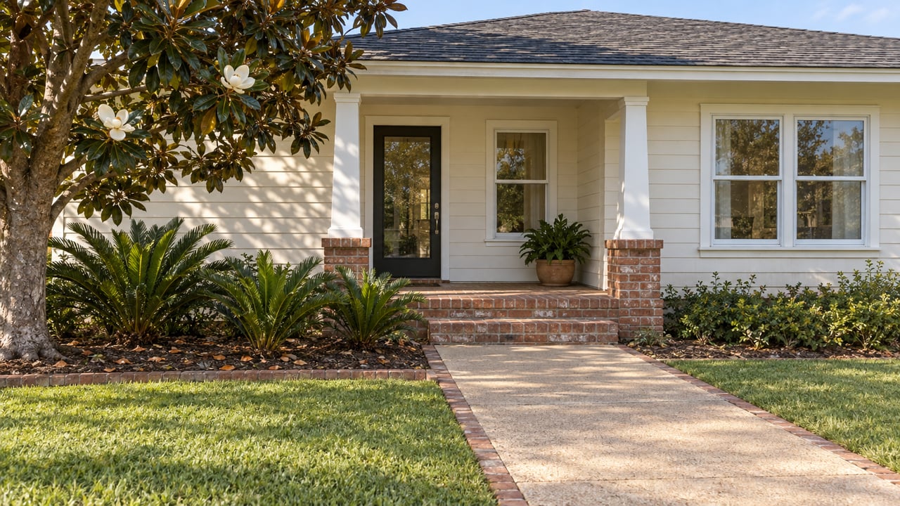 Single-story home with ivory siding, a shaded brick porch, broad lawn and a mature magnolia beside the approach.