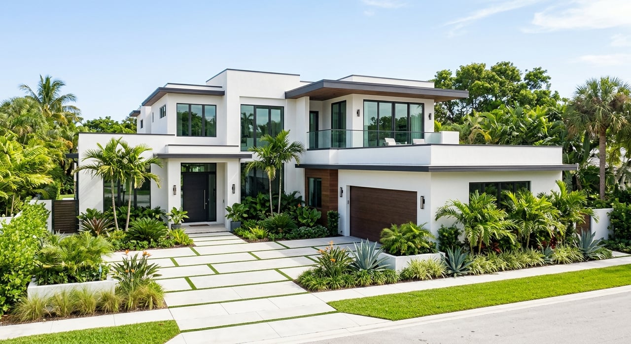 Contemporary stucco home with a charcoal two-car garage, recessed wood entry, concrete driveway, and tropical landscaping.