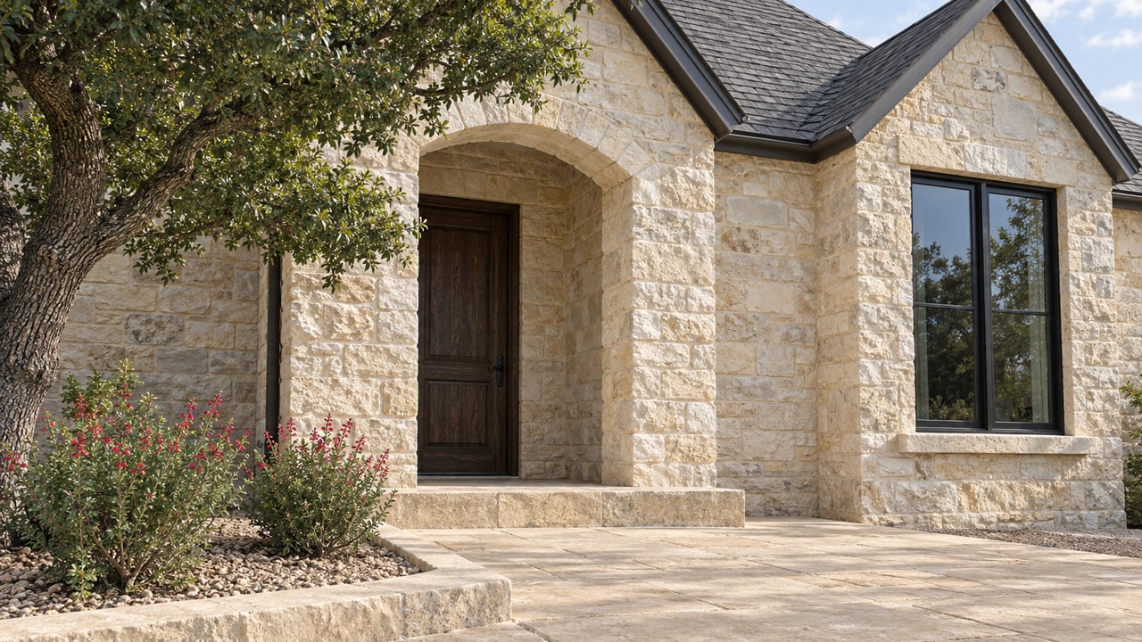 Close exterior view of a cream limestone home with a recessed oak entry door, black-framed window, stone approach and flowering sage.
